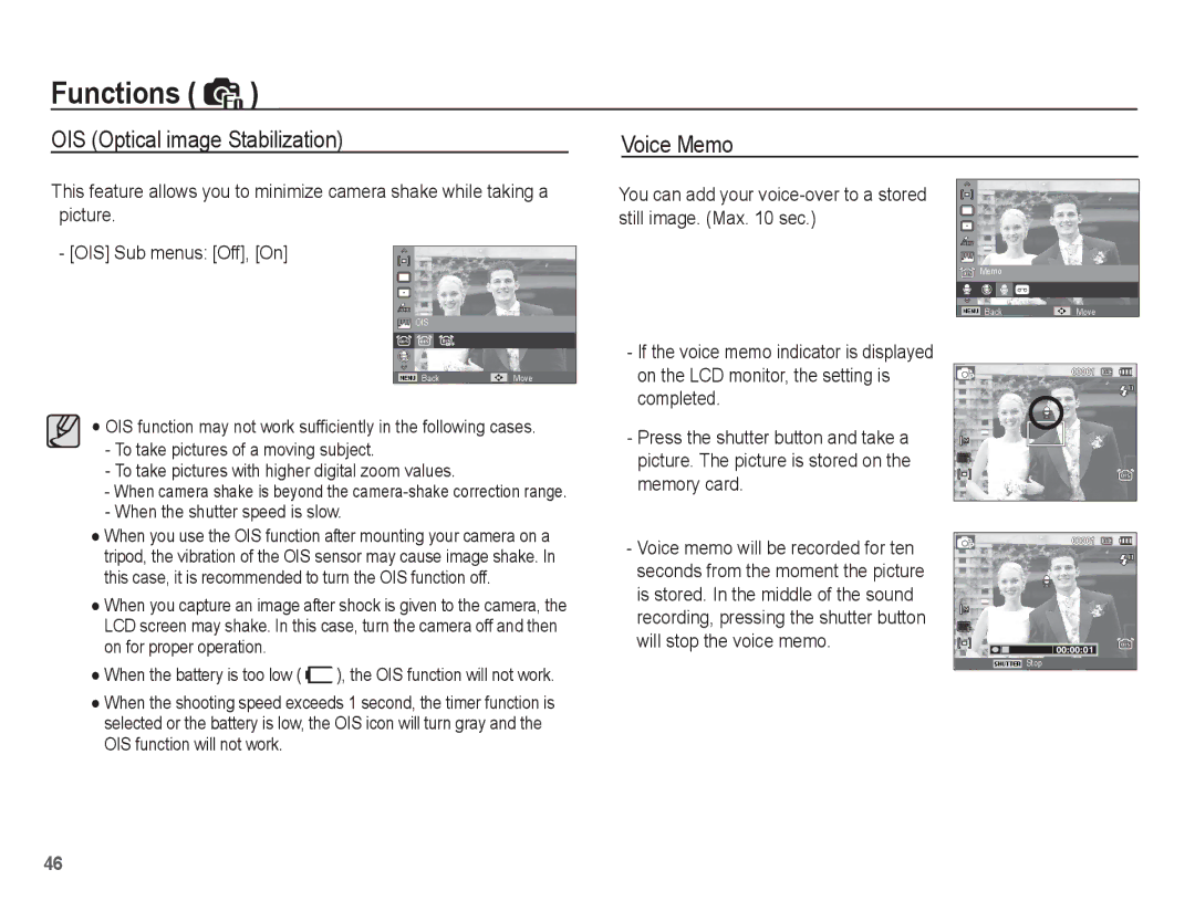 Samsung SL620 manual OIS Optical image Stabilization Voice Memo, When the shutter speed is slow 