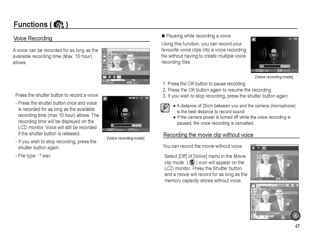 Samsung SL620 Voice Recording, Recording the movie clip without voice, If the shutter button is released, File type *.wav 