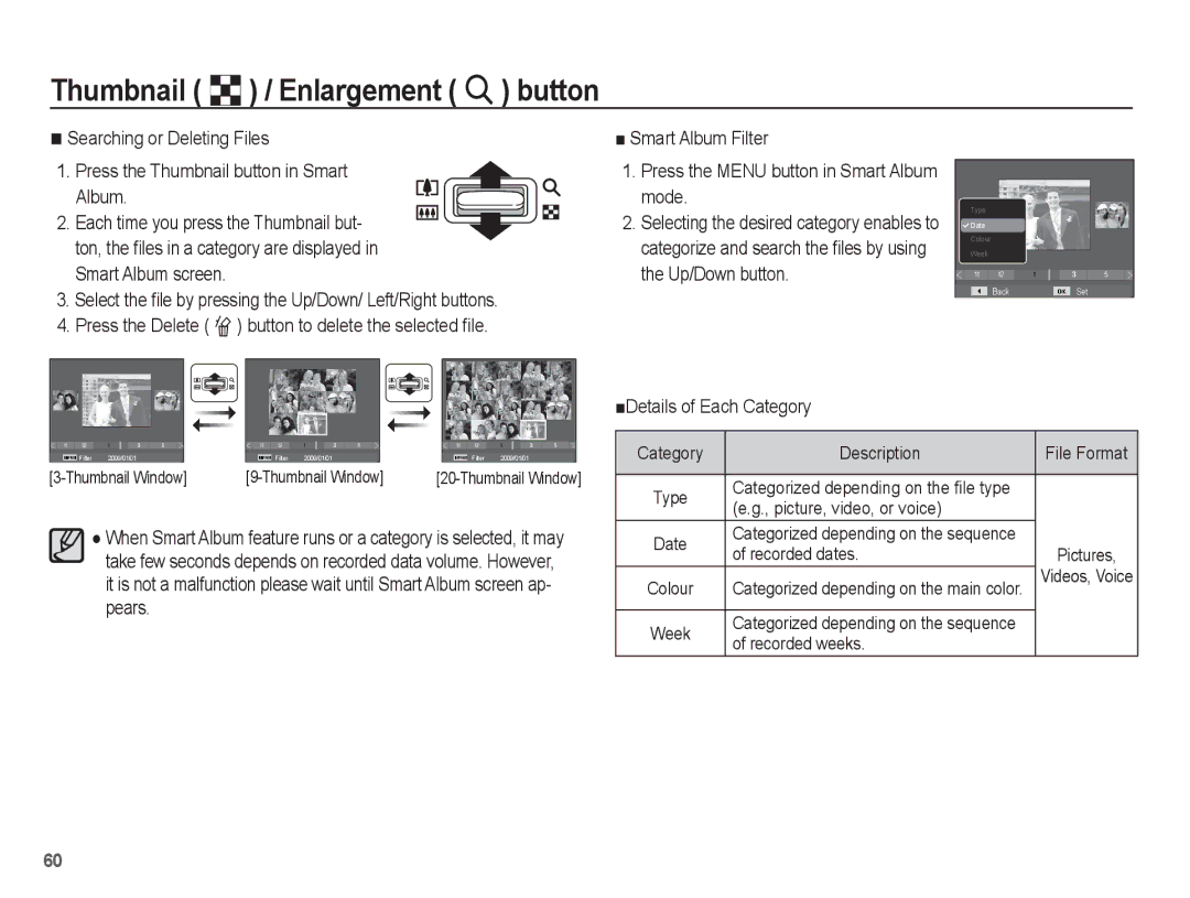 Samsung SL620 manual ŶDetails of Each Category, Description File Format, Recorded dates, Recorded weeks 