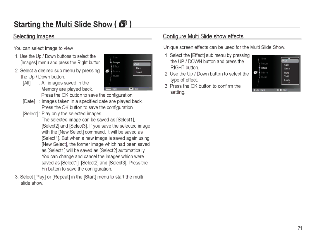 Samsung SL620 manual Selecting Images, Configure Multi Slide show effects 