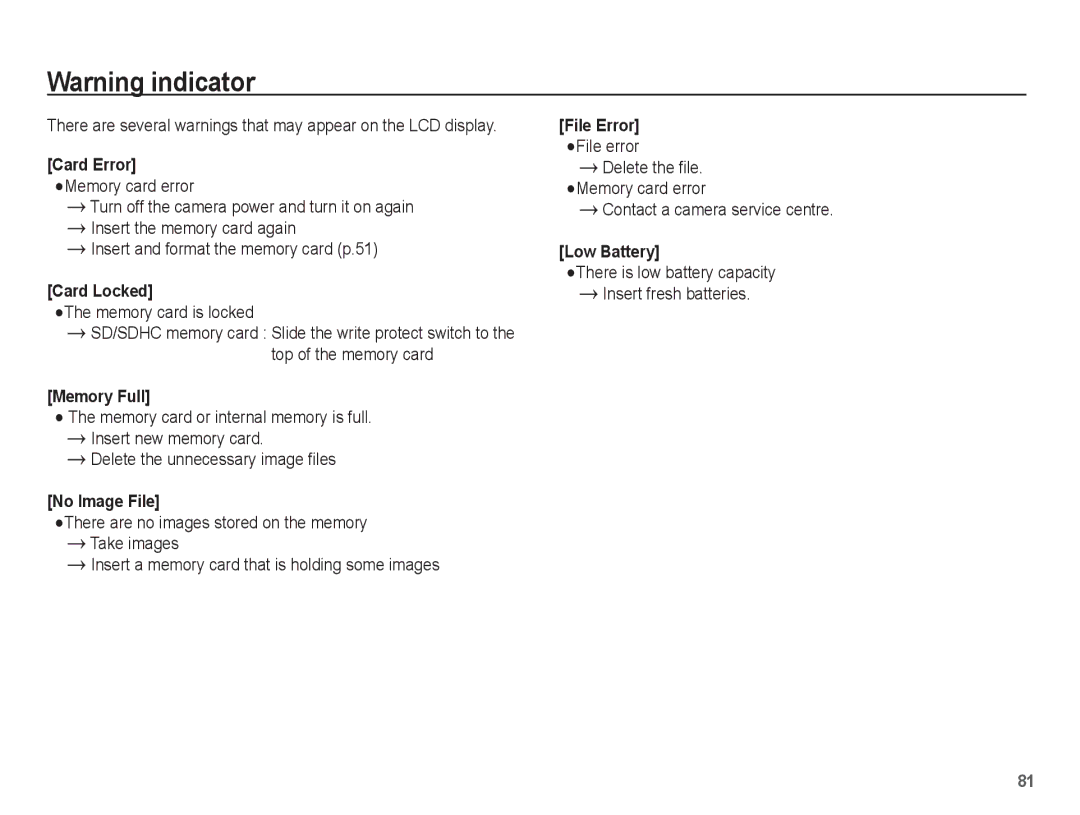 Samsung SL620 manual Memory card is locked, File error, Contact a camera service centre, Delete the file. Memory card error 