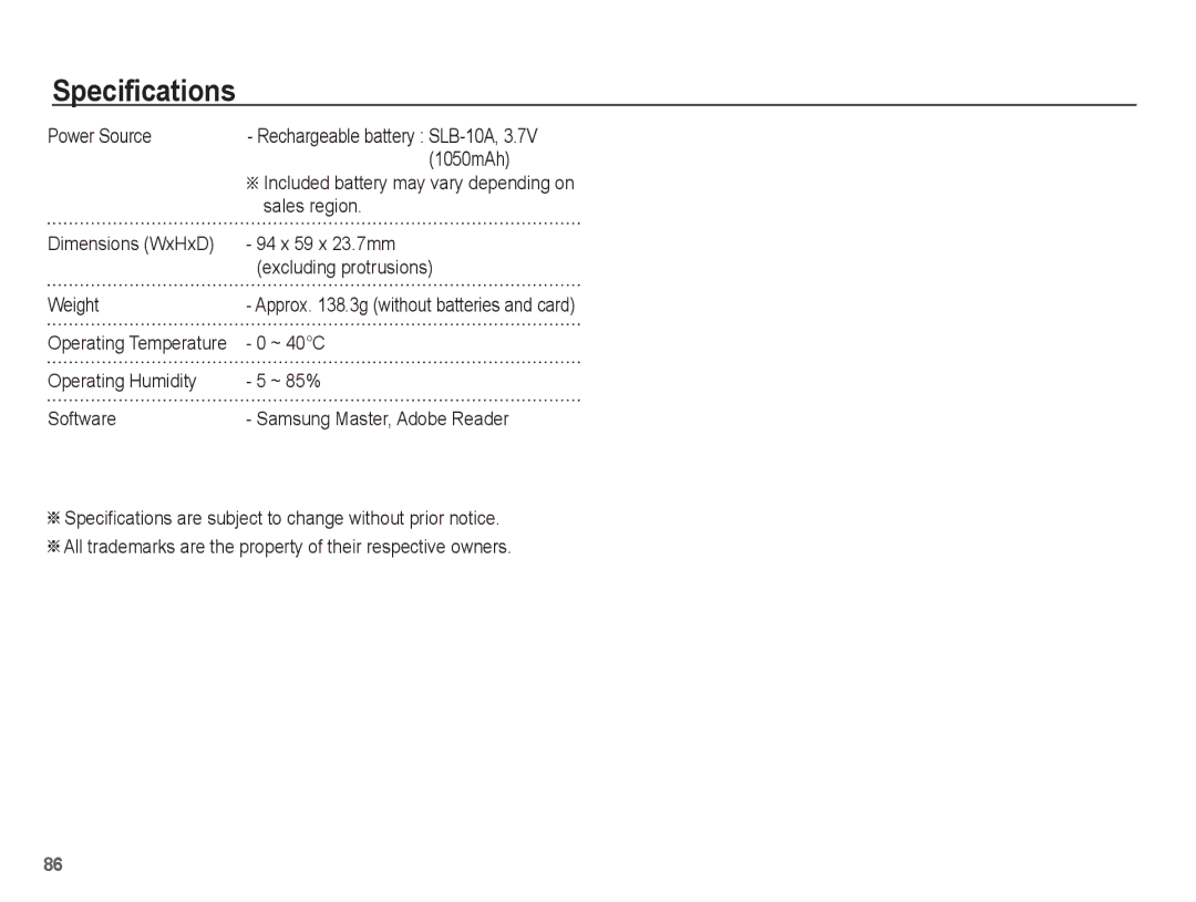 Samsung SL620 manual Power Source, 1050mAh, Sales region, ~ 40C 