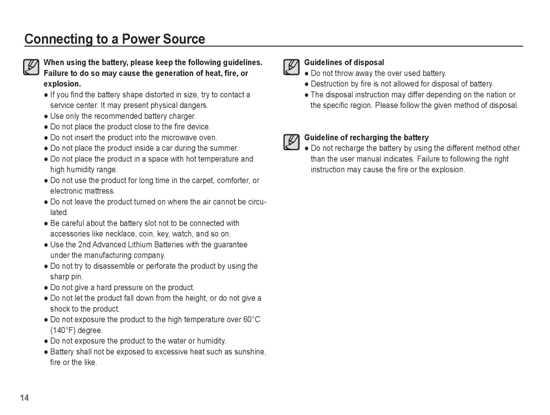 Samsung SL630 manual Guideline of recharging the battery 