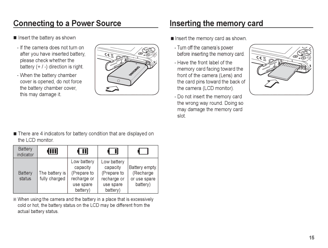 Samsung SL630 manual Inserting the memory card, Insert the battery as shown, Insert the memory card as shown, Battery 