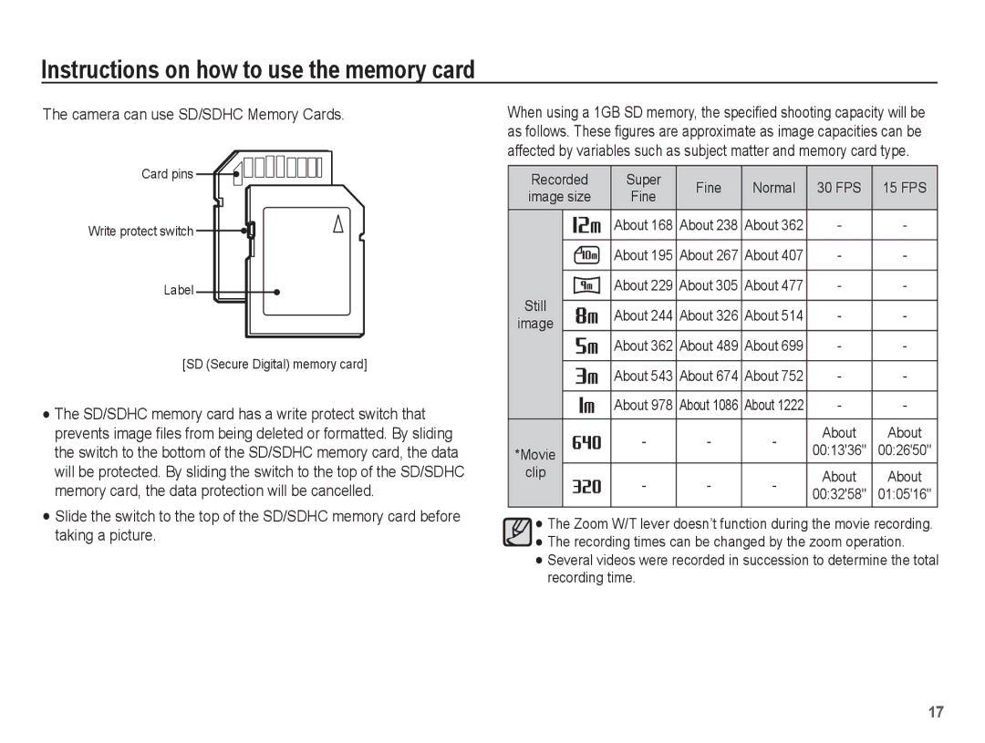 Samsung SL630 manual Camera can use SD/SDHC Memory Cards, About 