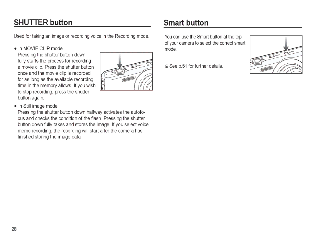 Samsung SL630 manual Shutter button, Smart button, Movie Clip mode Pressing the shutter button down 