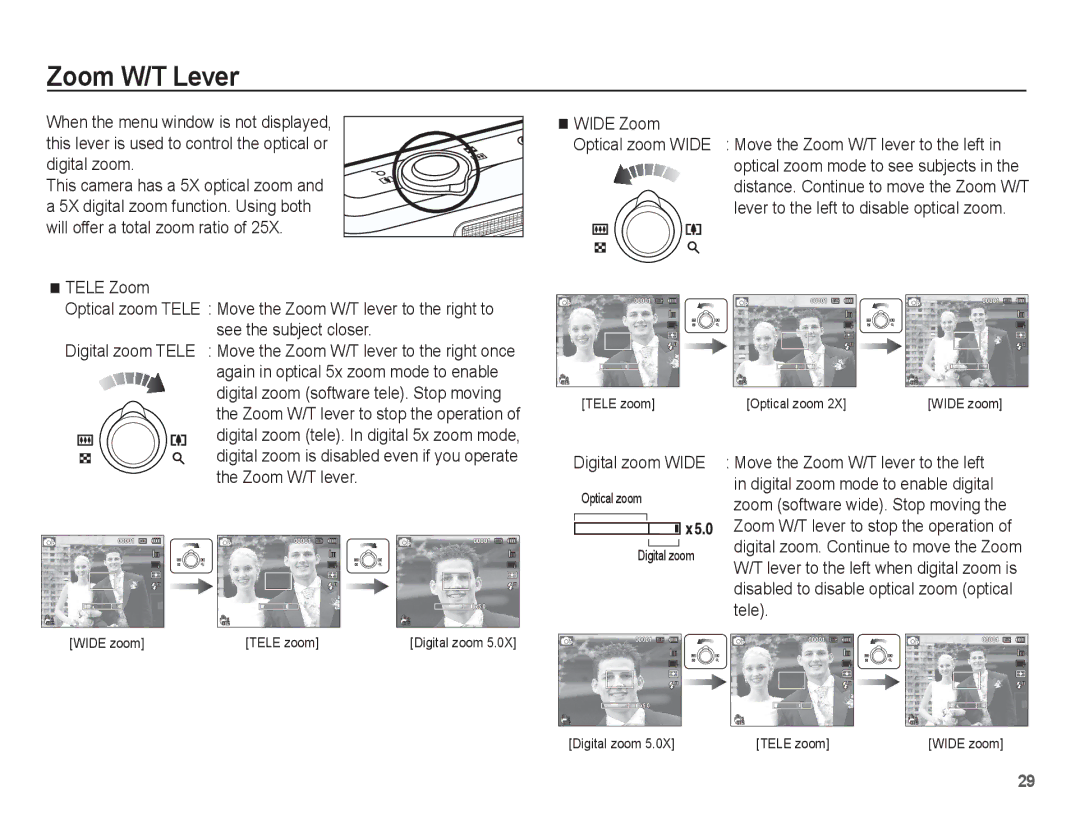 Samsung SL630 manual Zoom W/T Lever, Digital zoom Wide 