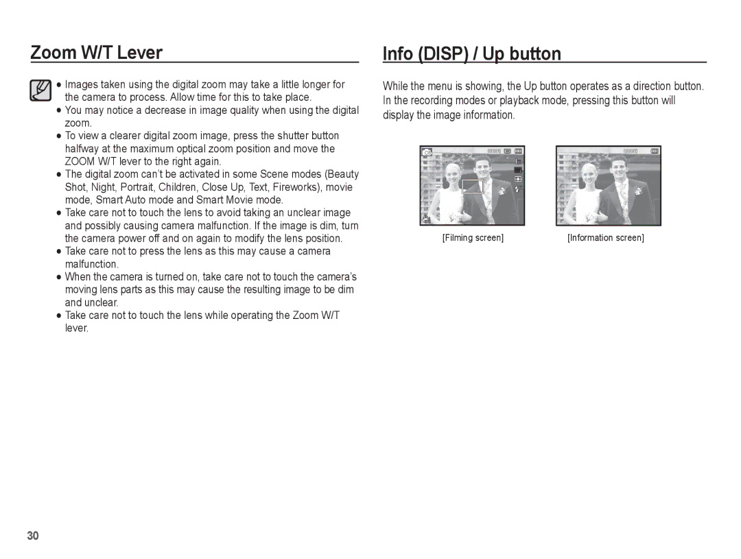 Samsung SL630 manual Info Disp / Up button 