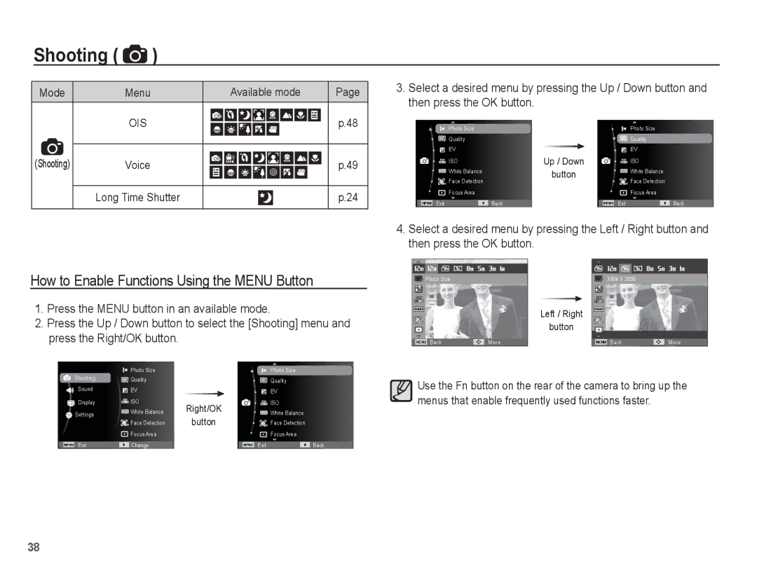 Samsung SL630 manual How to Enable Functions Using the Menu Button, Available mode, Then press the OK button 