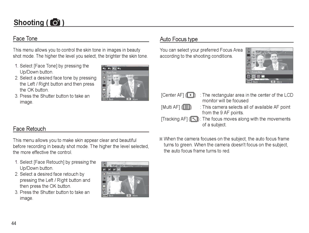 Samsung SL630 manual Face Tone, Auto Focus type, Face Retouch 