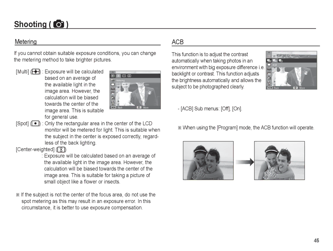 Samsung SL630 manual Metering, Multi Exposure will be calculated Based on an average, For general use Spot, Center-weighted 