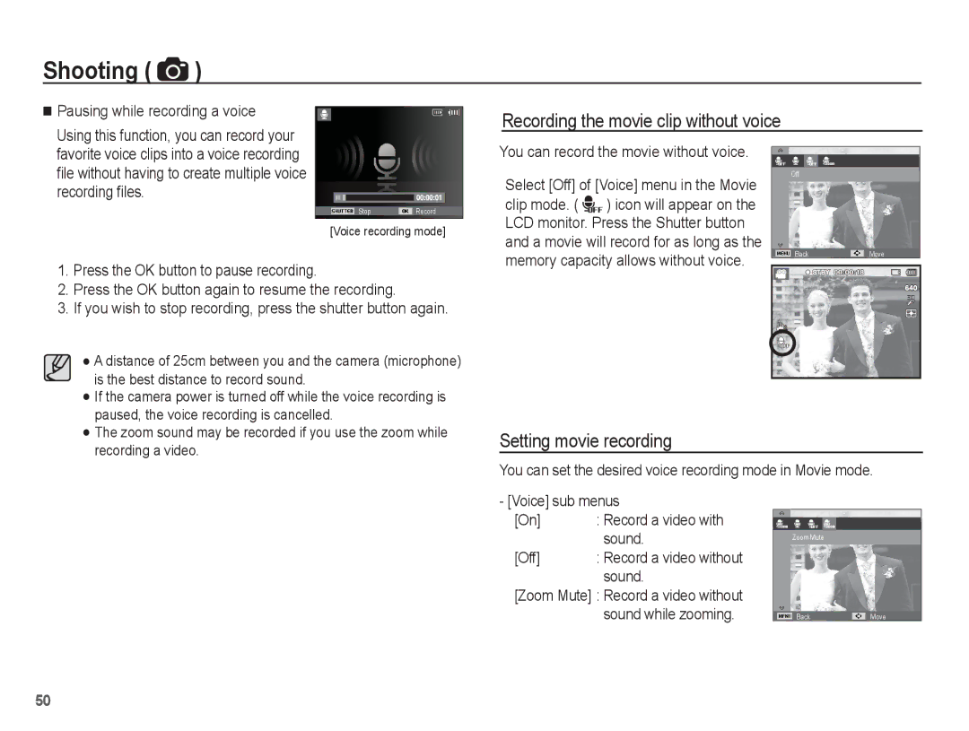 Samsung SL630 manual Recording the movie clip without voice, Setting movie recording, Sound, Off 