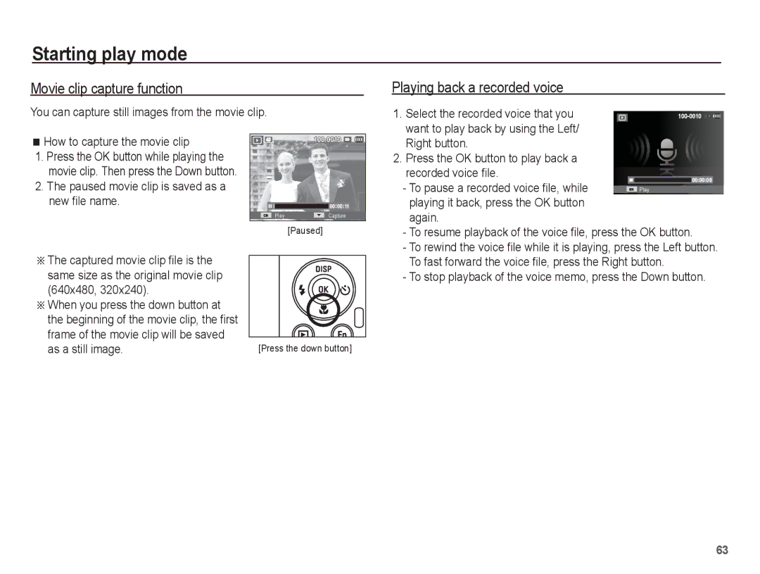 Samsung SL630 manual Movie clip capture function, Playing back a recorded voice 