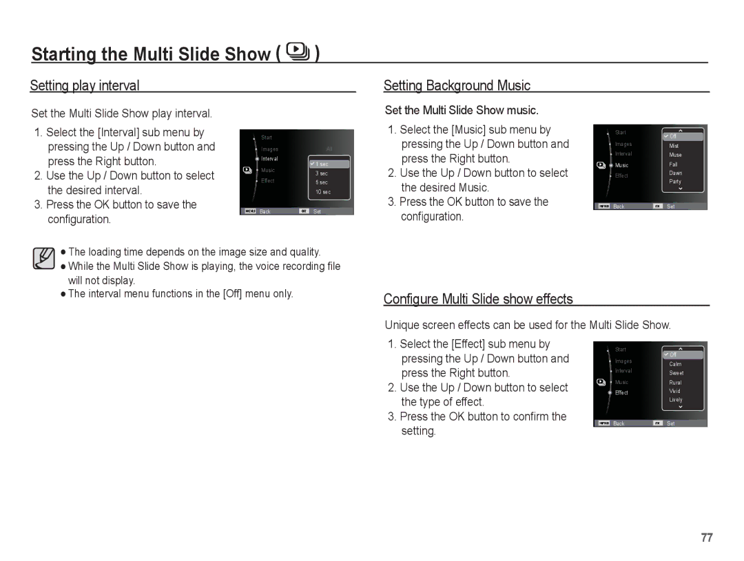 Samsung SL630 manual Setting play interval Setting Background Music, Configure Multi Slide show effects 