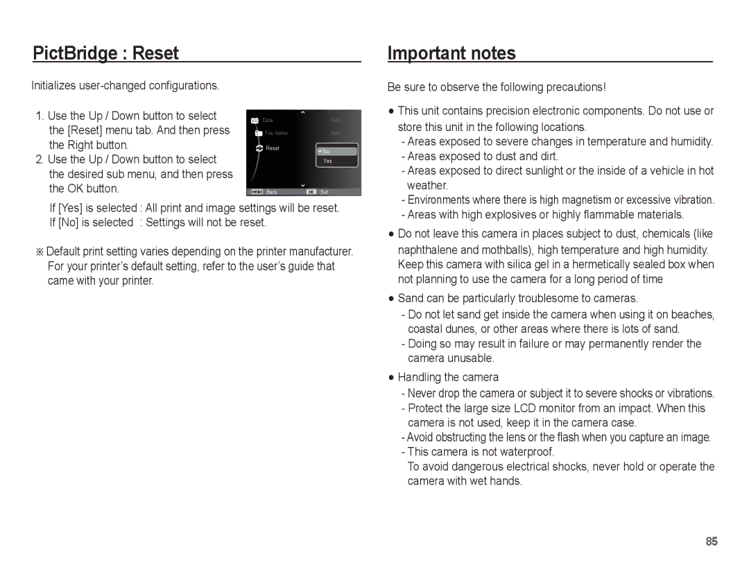 Samsung SL630 manual PictBridge Reset Important notes, Areas exposed to dust and dirt, Weather 