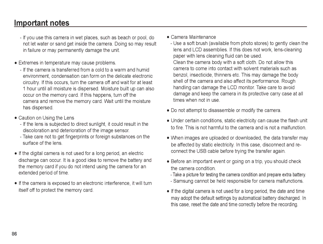 Samsung SL630 manual Extremes in temperature may cause problems, Do not attempt to disassemble or modify the camera 