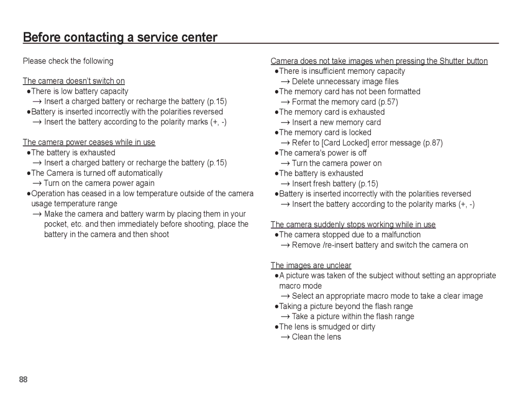 Samsung SL630 manual Before contacting a service center, Please check the following, Insert fresh battery p.15 