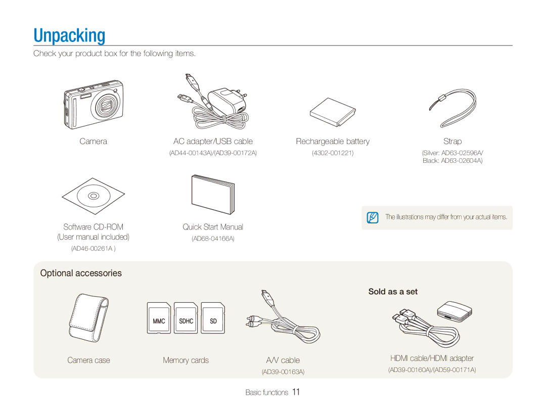 Samsung SL720 Unpacking, Optional accessories, Check your product box for the following items Camera, Basic functions 