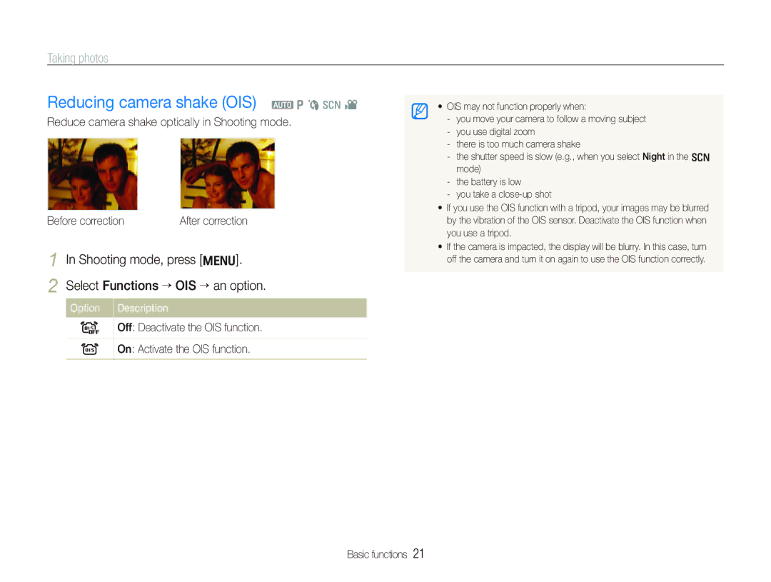 Samsung SL720 user manual Reducing camera shake OIS a p b s, Shooting mode, press m Select Functions “ OIS “ an option 