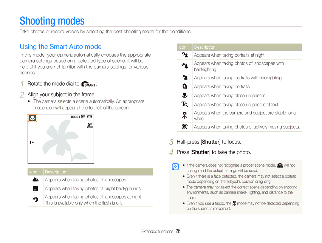 Samsung SL720 Shooting modes, Using the Smart Auto mode, Rotate the mode dial to S Align your subject in the frame 