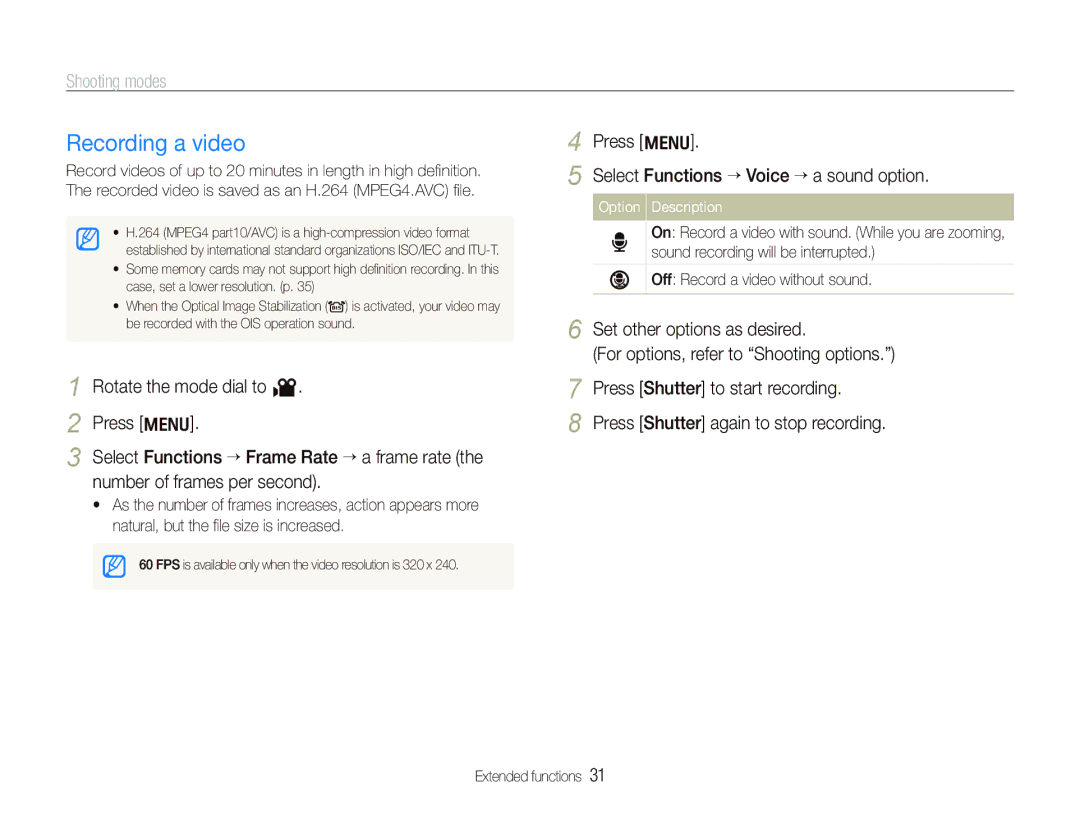 Samsung SL720 Recording a video, Rotate the mode dial to Press m, Press m Select Functions “ Voice ““a sound option 