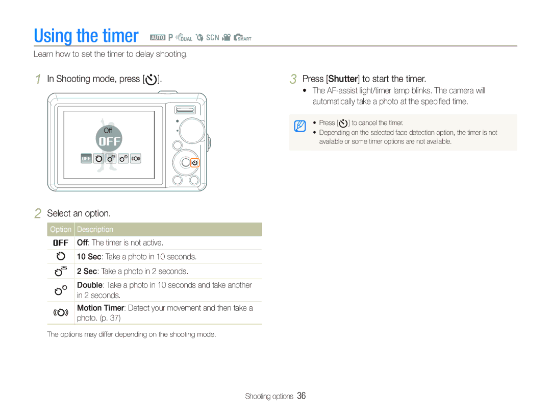 Samsung SL720 user manual Using the timer a p d b s v S, Shooting mode, press t, Press Shutter to start the timer 