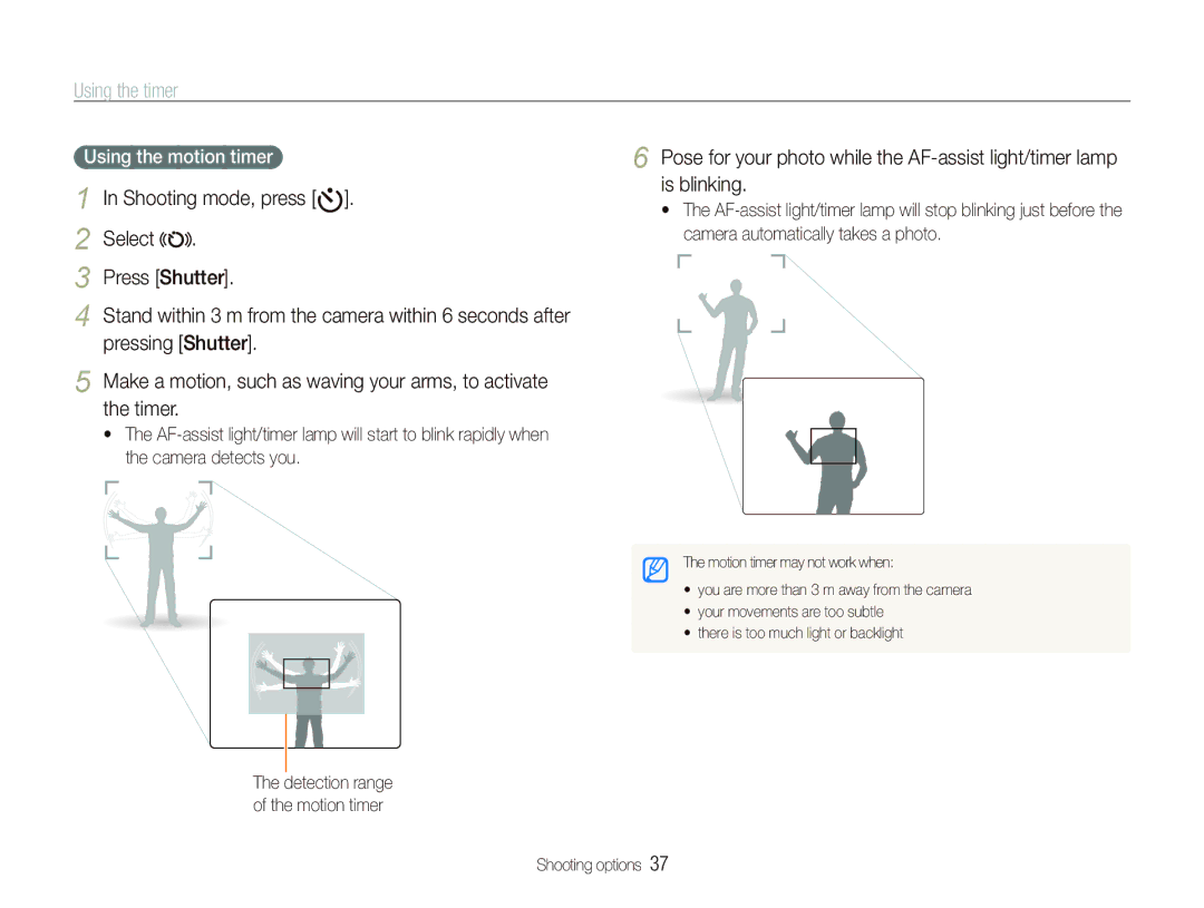 Samsung SL720 user manual Using the timer, Select Press Shutter, Pressing Shutter, Using the motion timer 