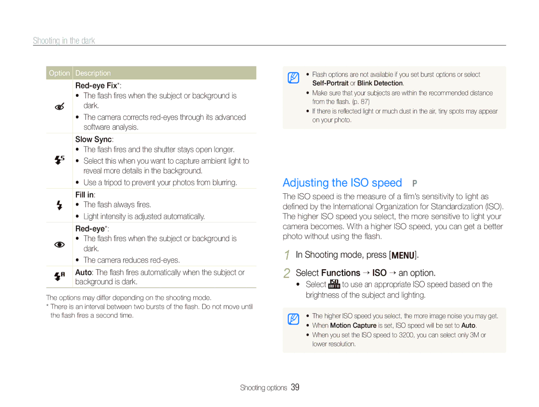 Samsung SL720 Adjusting the ISO speed p, Shooting in the dark, Shooting mode, press m Select Functions “ ISO “ an option 