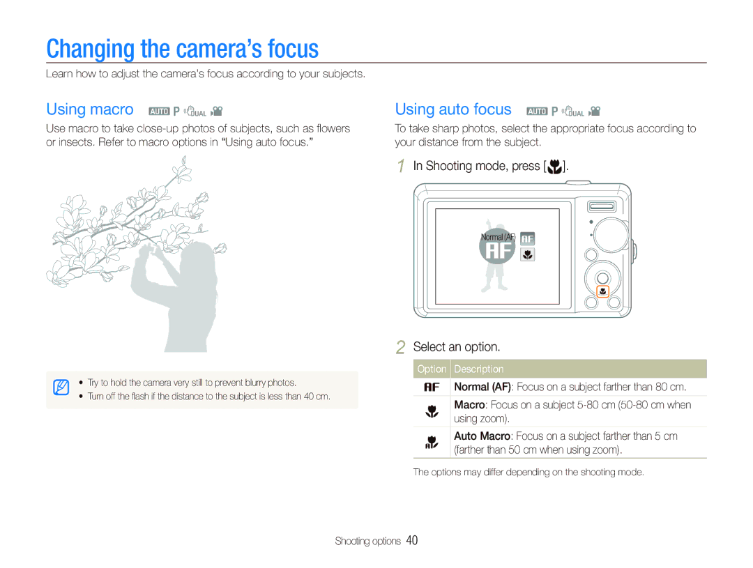 Samsung SL720 user manual Changing the camera’s focus, Using macro a p d, Using auto focus a p d, Shooting mode, press M 