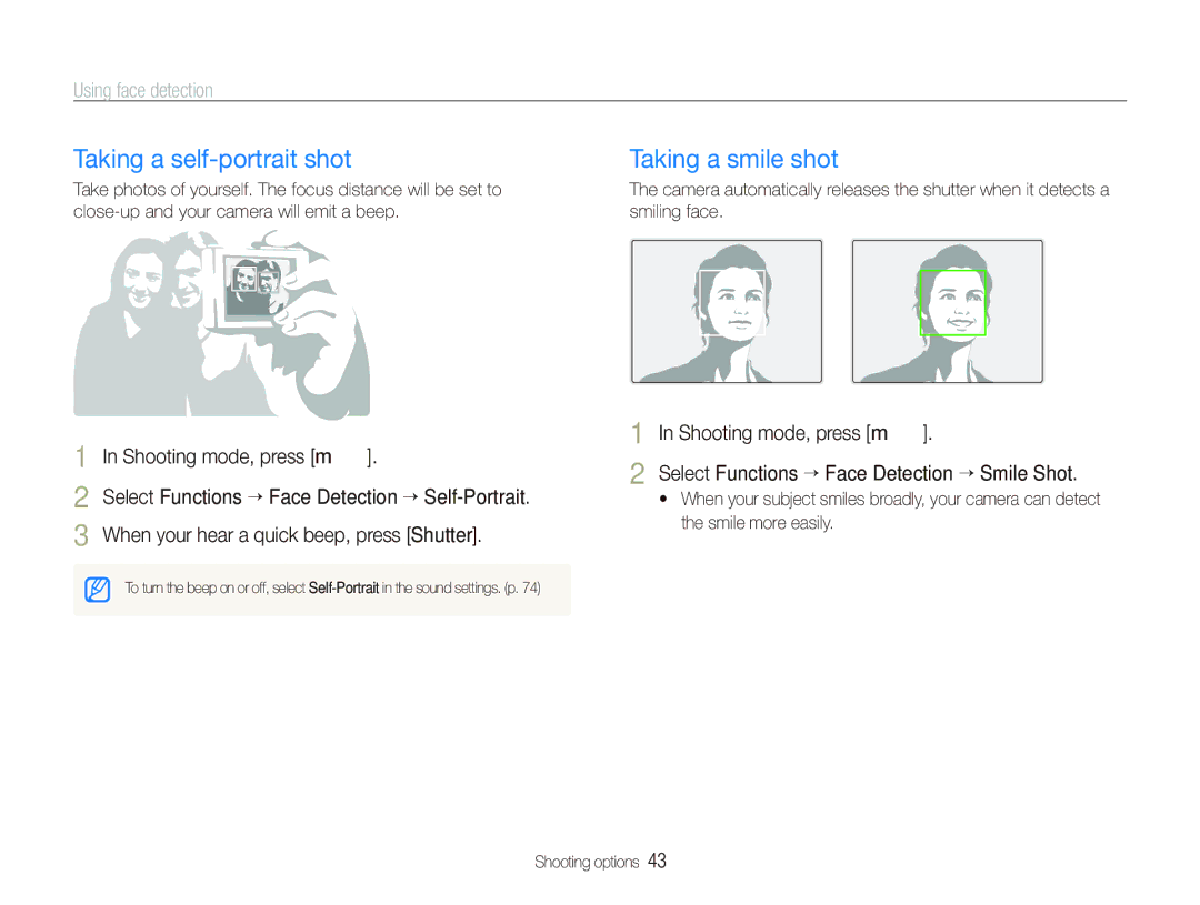 Samsung SL720 user manual Taking a self-portrait shot, Taking a smile shot, Using face detection 