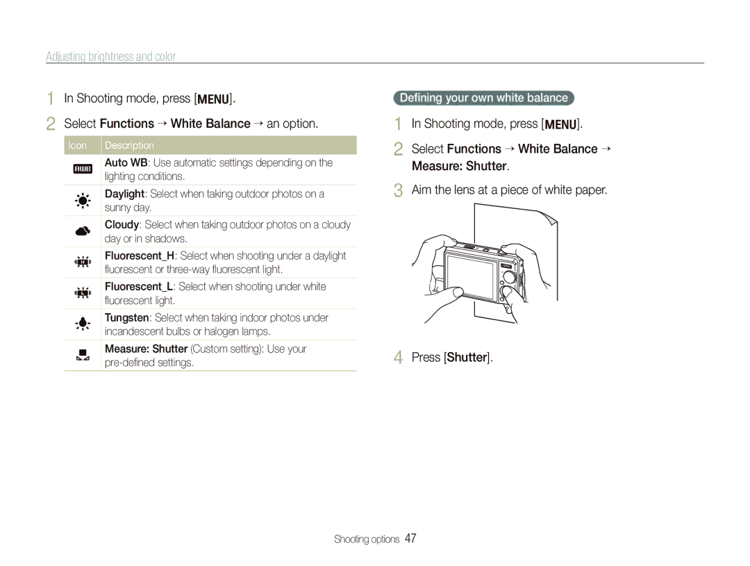 Samsung SL720 user manual Deﬁning your own white balance, Icon Description 