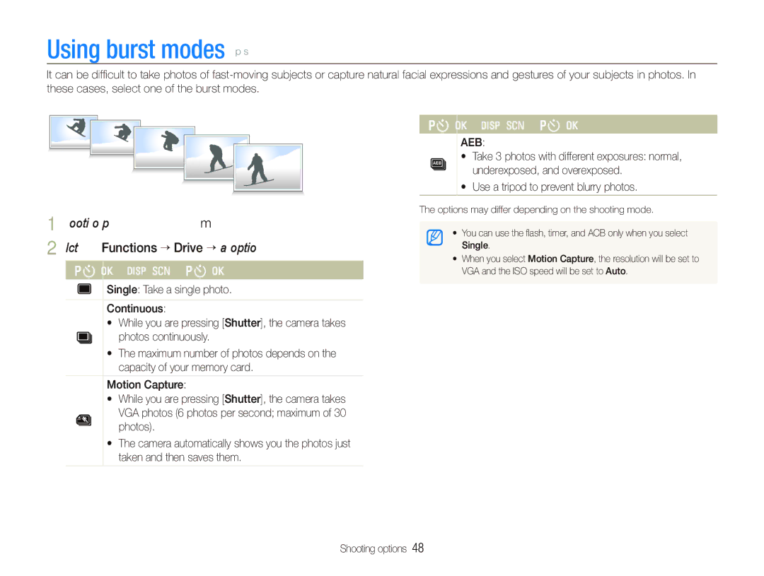 Samsung SL720 user manual Using burst modes p s, Select Functions ““Drive “ an option. Option Description 