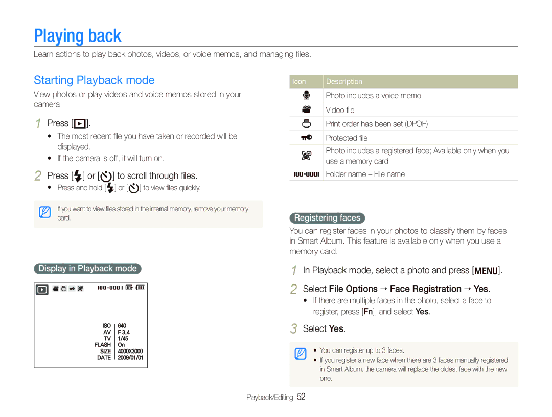 Samsung SL720 user manual Playing back, Starting Playback mode 