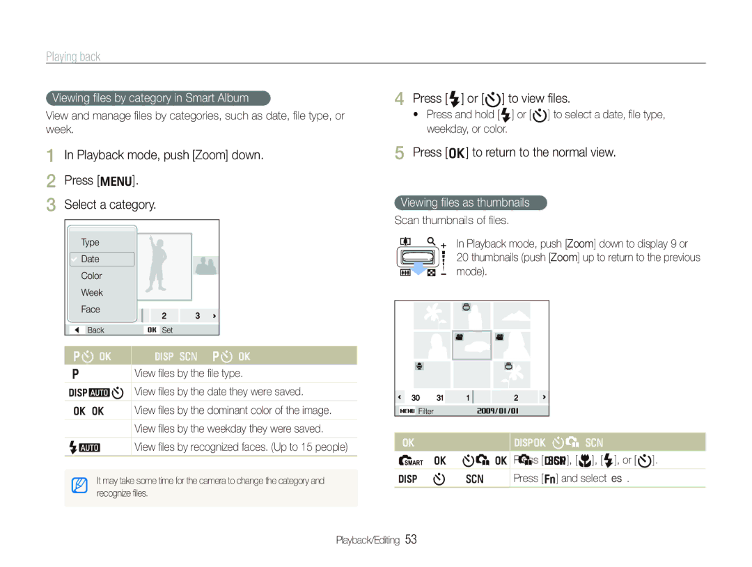 Samsung SL720 user manual Playing back, Playback mode, push Zoom down Press m Select a category, Press F or t to view ﬁles 