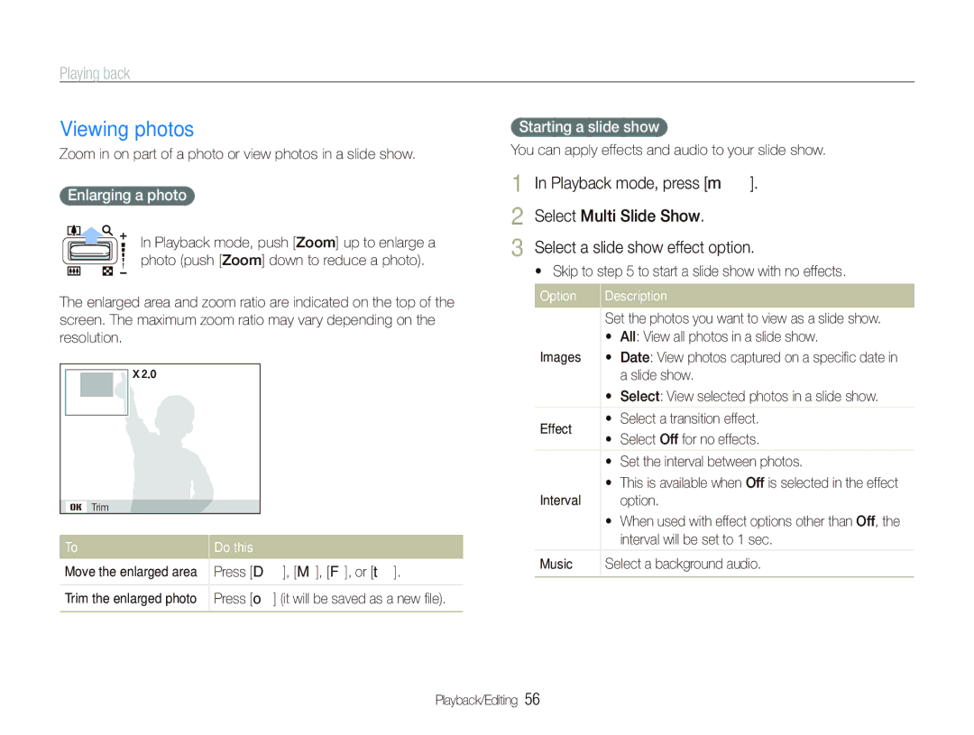 Samsung SL720 user manual Viewing photos, Enlarging a photo, Starting a slide show 