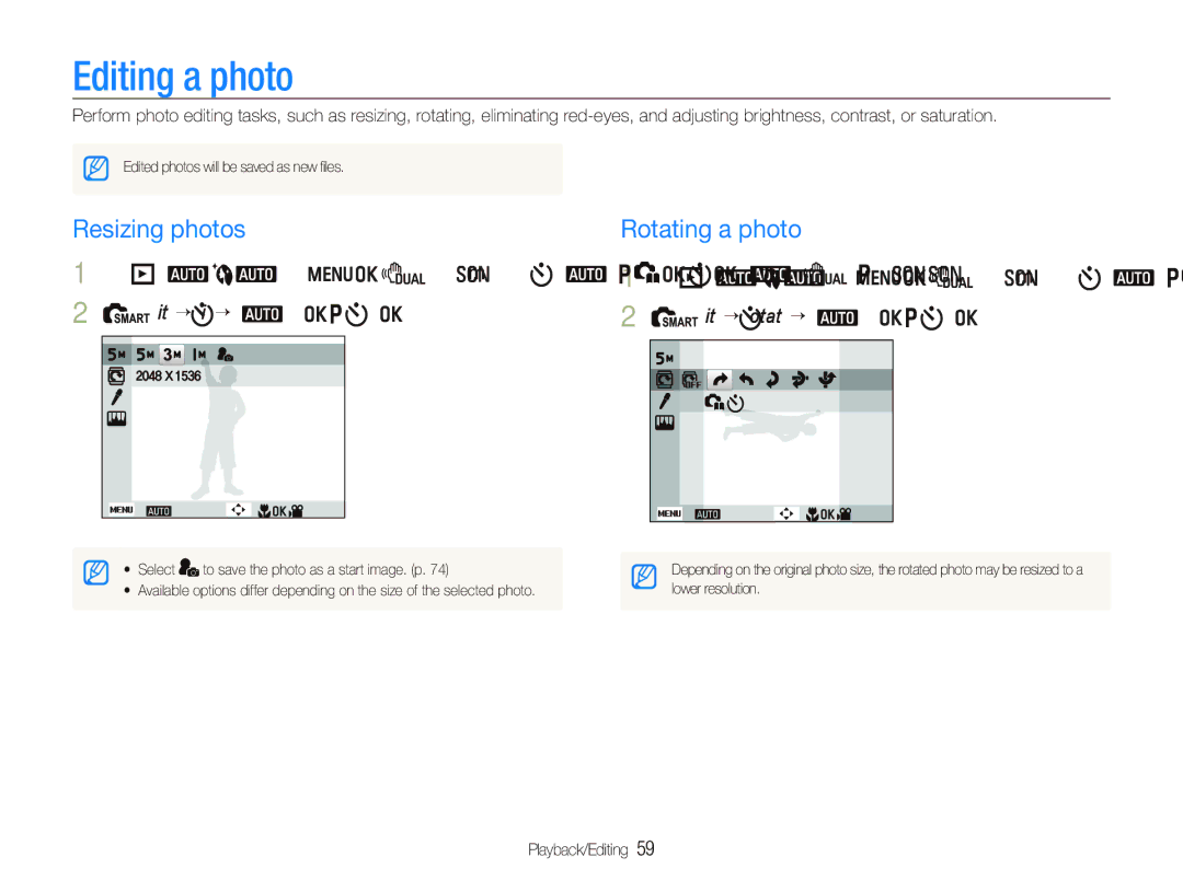 Samsung SL720 user manual Editing a photo, Resizing photos, Rotating a photo 