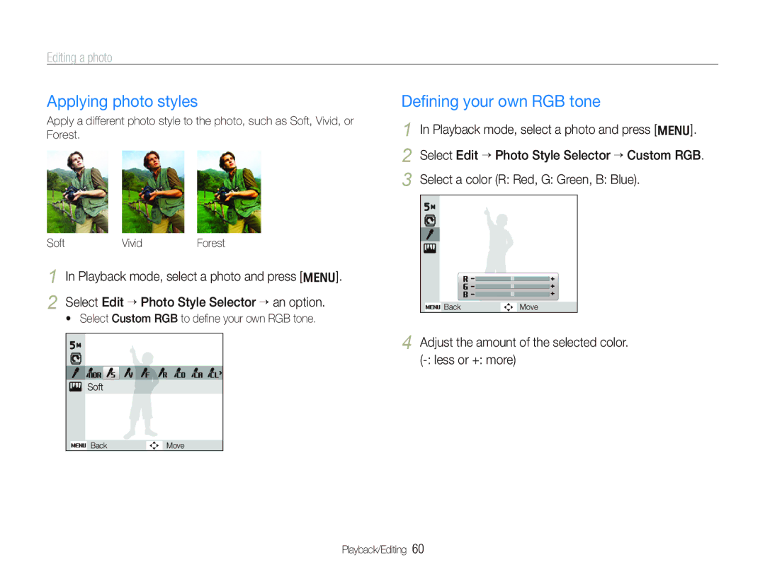 Samsung SL720 user manual Applying photo styles, Deﬁning your own RGB tone, Editing a photo 