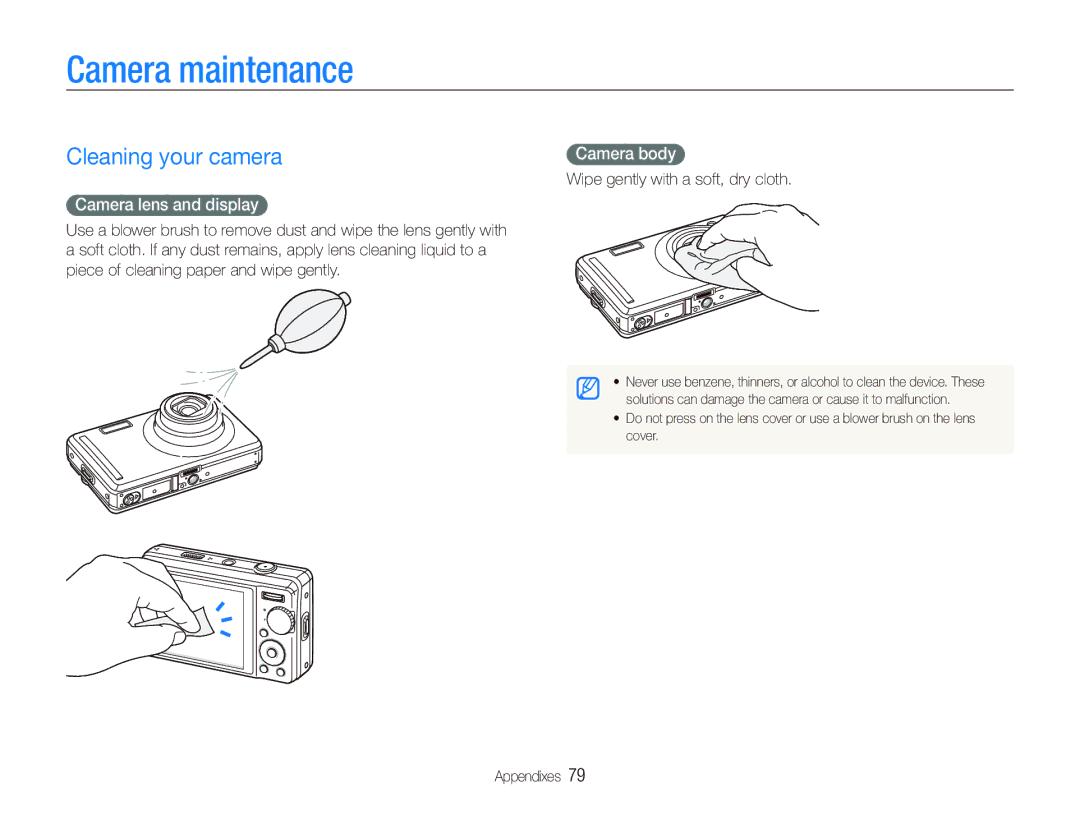 Samsung SL720 user manual Camera maintenance, Cleaning your camera, Camera lens and display, Camera body 