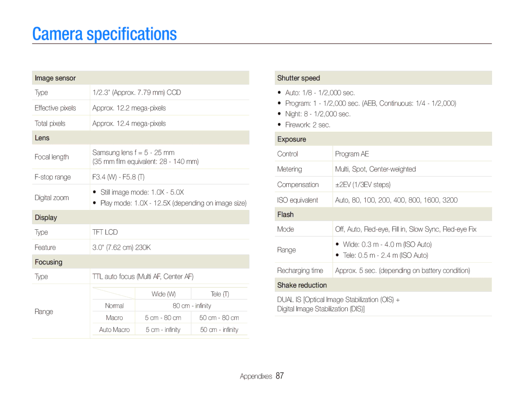 Samsung SL720 user manual Camera speciﬁcations 