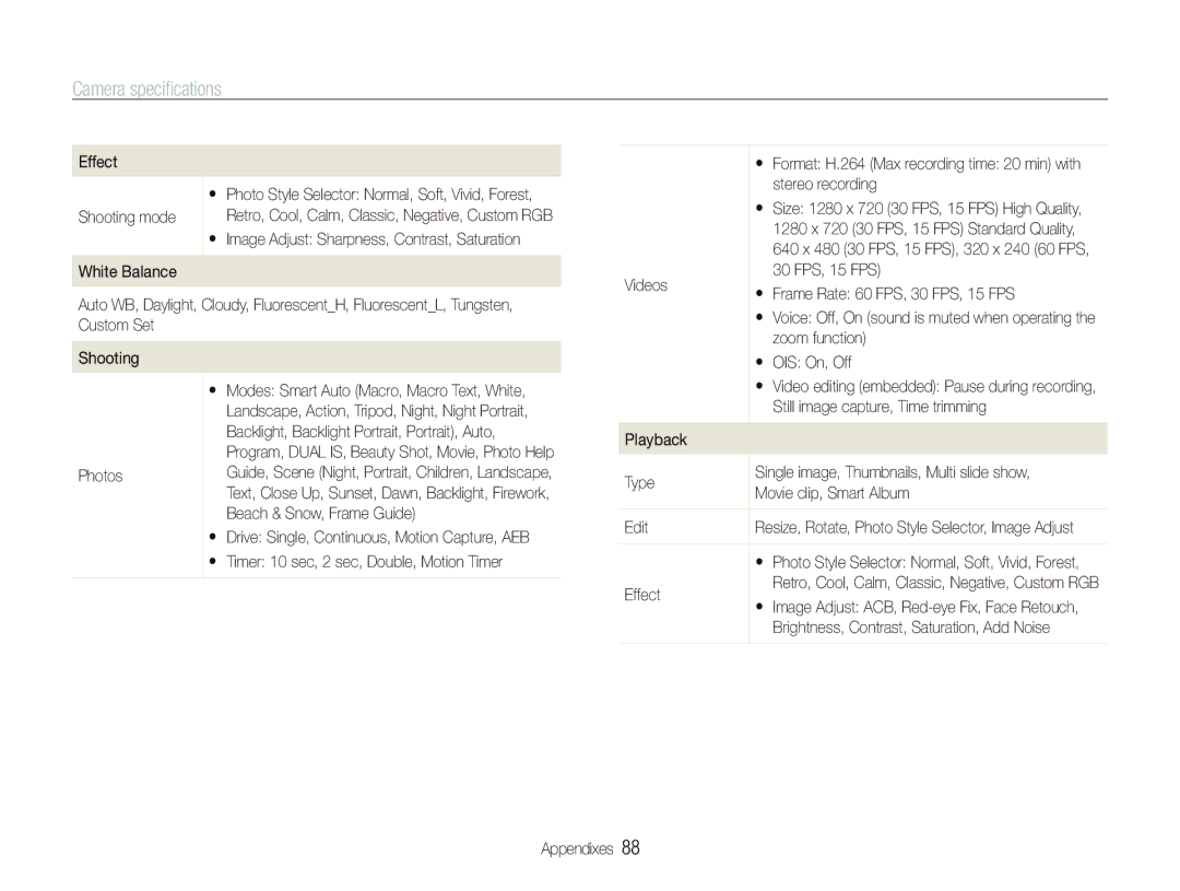 Samsung SL720 user manual Camera speciﬁcations 