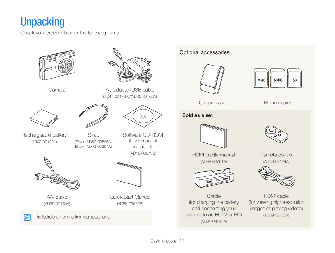 Samsung SL820 user manual Unpacking, Optional accessories 