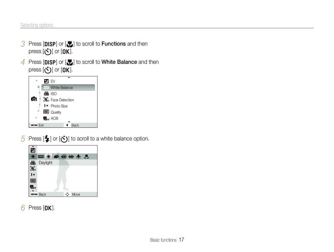 Samsung SL820 user manual Selecting options, Press F or t to scroll to a white balance option, Press o 