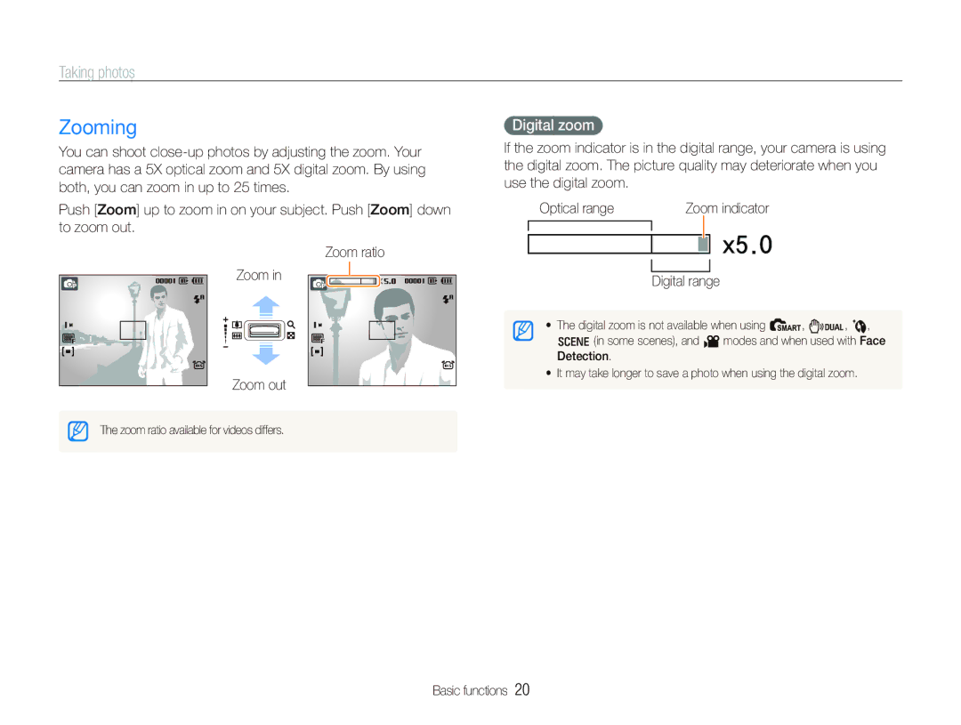 Samsung SL820 user manual Zooming, Taking photos, Digital zoom, Zoom out, Digital range 