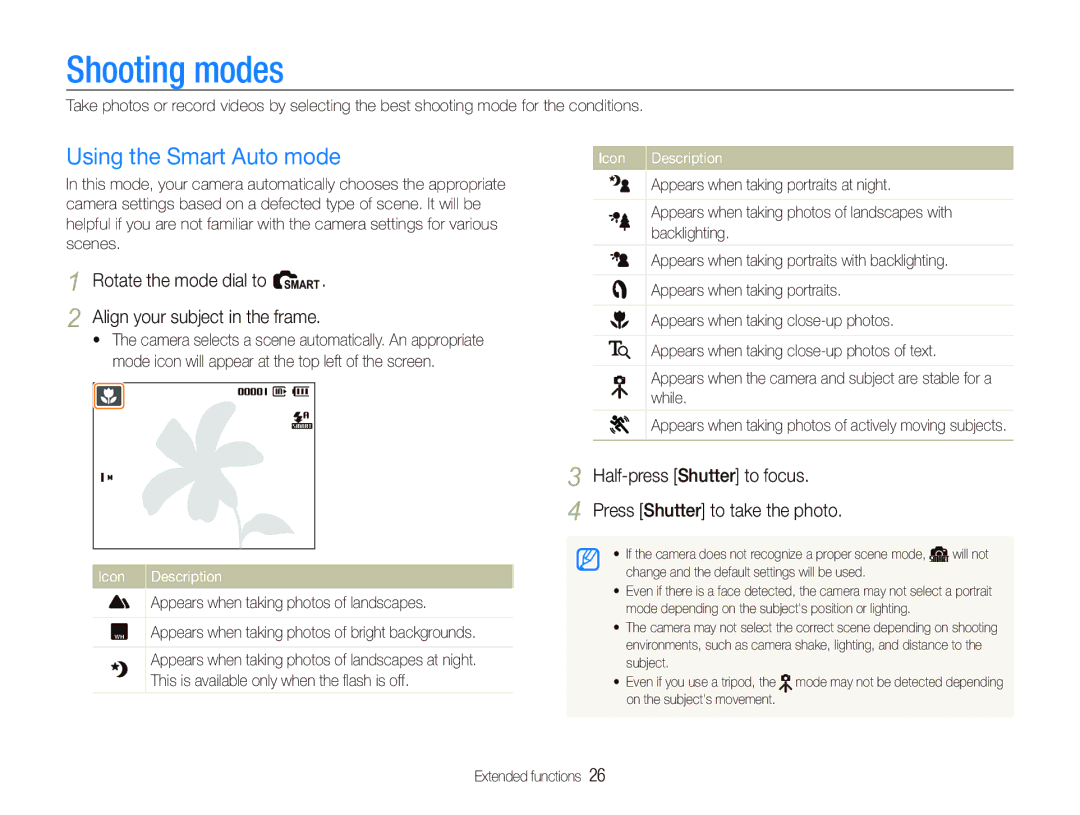 Samsung SL820 Shooting modes, Using the Smart Auto mode, Rotate the mode dial to S Align your subject in the frame 