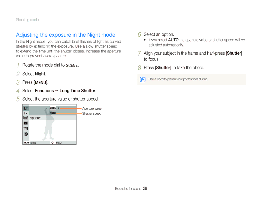 Samsung SL820 user manual Adjusting the exposure in the Night mode, Select an option 