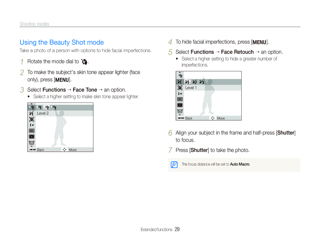 Samsung SL820 user manual Using the Beauty Shot mode, To hide facial imperfections, press m 