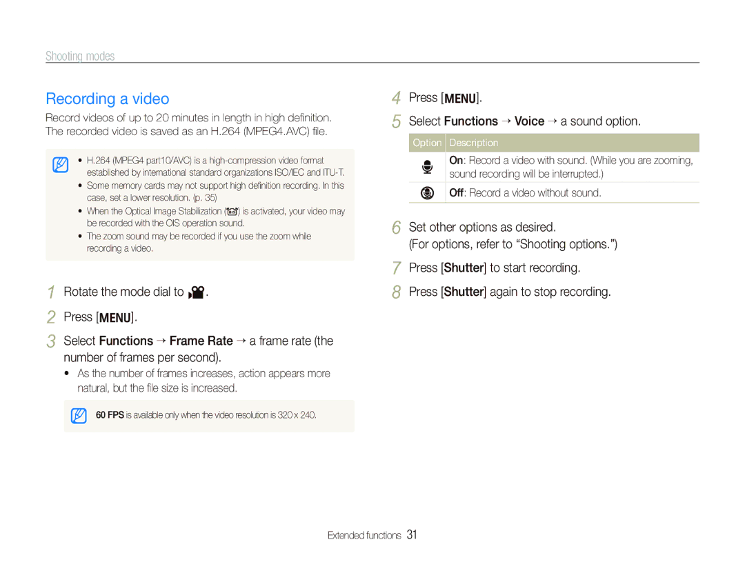 Samsung SL820 user manual Recording a video, Press m Select Functions “ Voice ““a sound option 