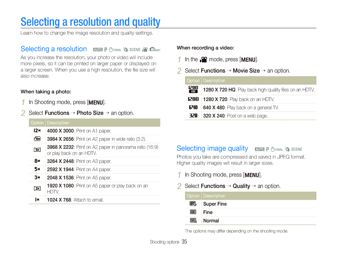 Samsung SL820 Selecting a resolution and quality, Selecting a resolution a p d b s v S, Selecting image quality a p d b s 