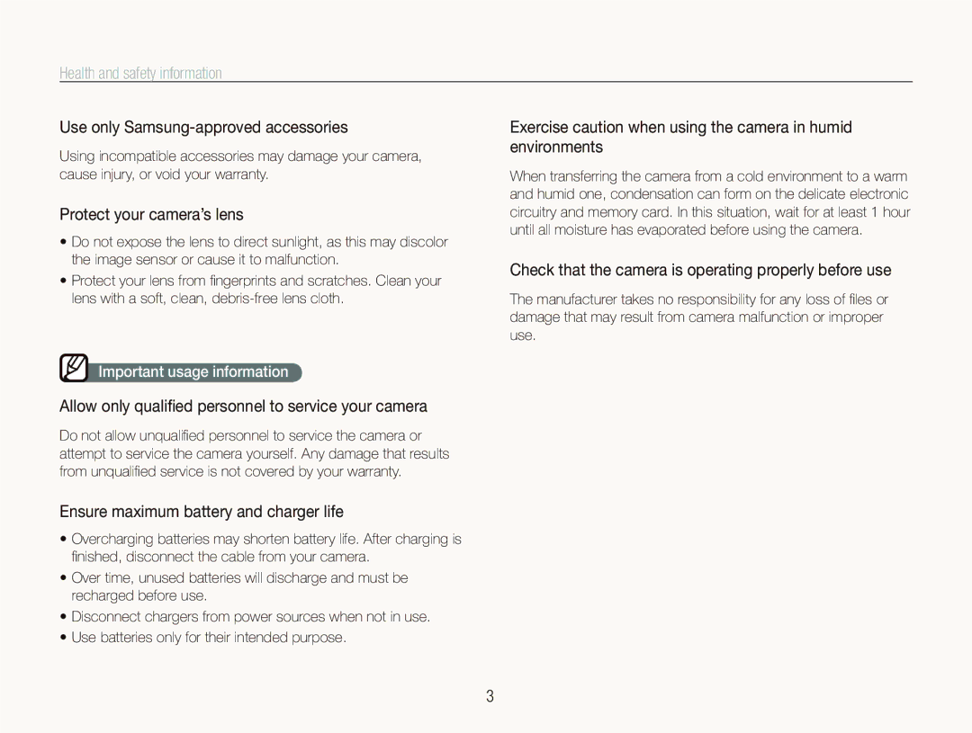Samsung SL820 Use only Samsung-approved accessories, Protect your camera’s lens, Ensure maximum battery and charger life 