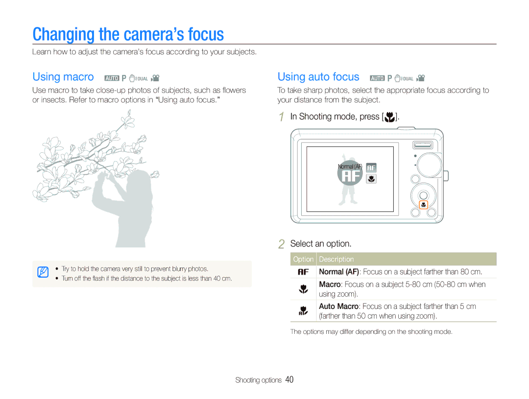 Samsung SL820 user manual Changing the camera’s focus, Using macro a p d, Using auto focus a p d, Shooting mode, press M 